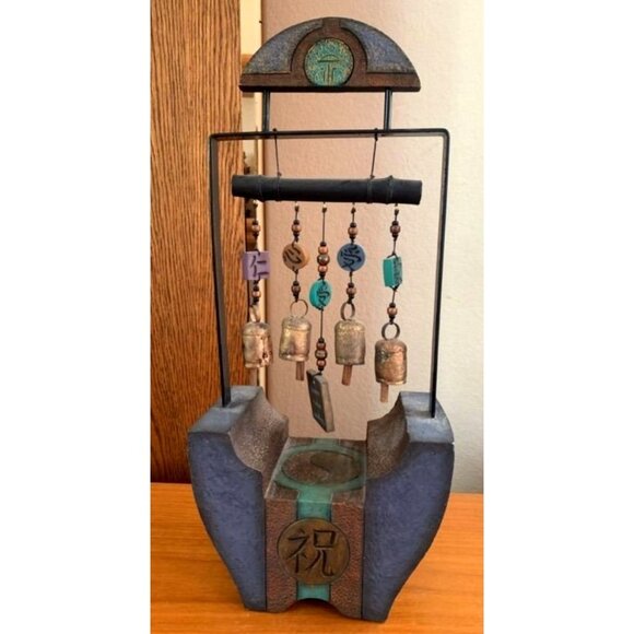 Feng Shui Tabletop Handcrafted Concrete & Metal Wind Chime With Rustic Bells & B - Picture 2 of 5